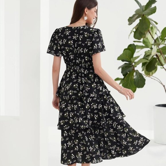 Women's 2025 Floral Summer Long Midi Dress V Neck Short Sleeve Ruffle Tiered Lay - Picture 4 of 5